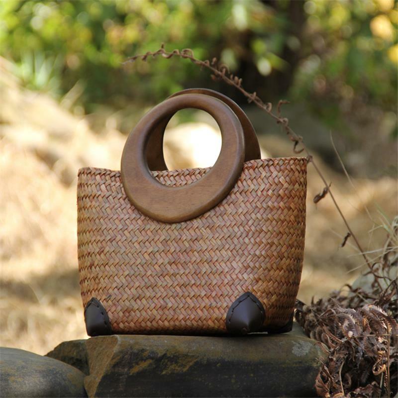 Тайская соломенная сумка ручной работы 29x21 см, женская сумка из ротанга, оригинальная сумка ручной работы с деревянной ручкой a6100