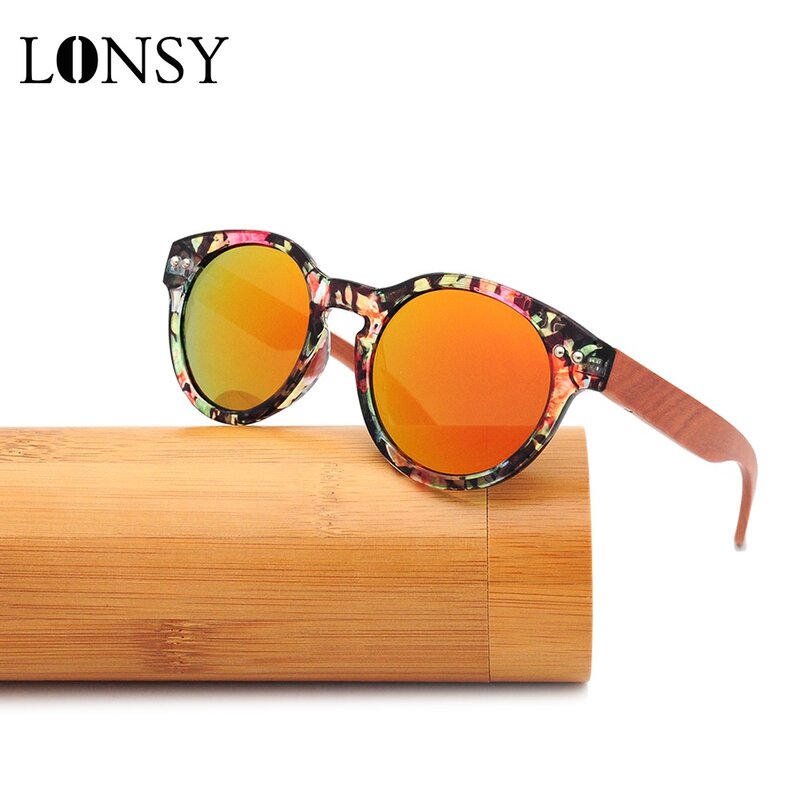 LONSY-Gafas De Sol De Madera De bambú para hombre y mujer, anteojos De Sol De lujo hechos a mano, con espejo polarizado, redondas, a la moda, nuevos
