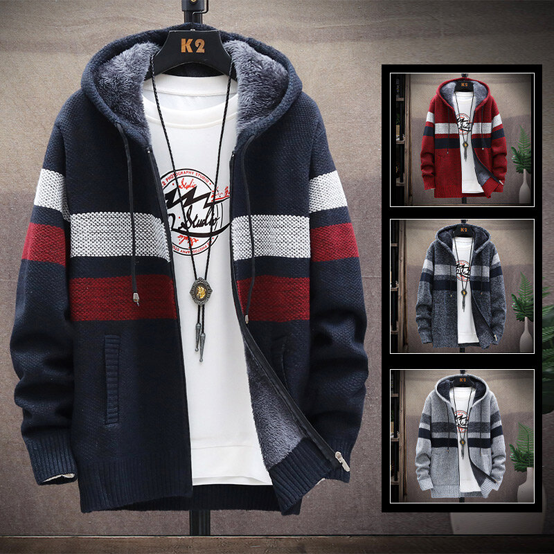 Мужской полосатый кардиган, зимний свитер, флисовый джемпер, одежда с капюшоном в стиле Харадзюку, шерстяная японская Повседневная ветровка, Корейская куртка