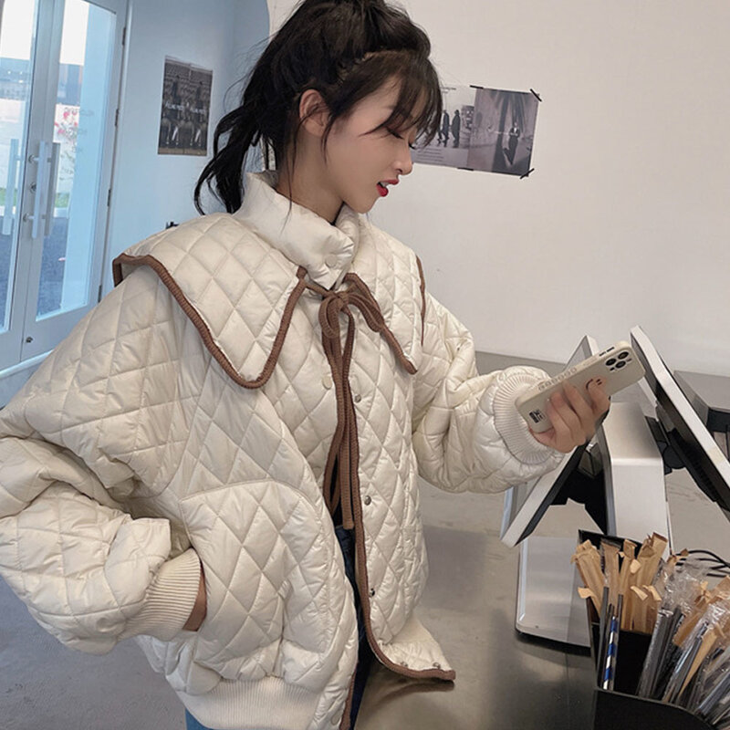 Осенние женские куртки 2023 новая Корейская версия свободная универсальная стеганая куртка с отложным воротником в клетку со стразами Женская теплая зимняя куртка