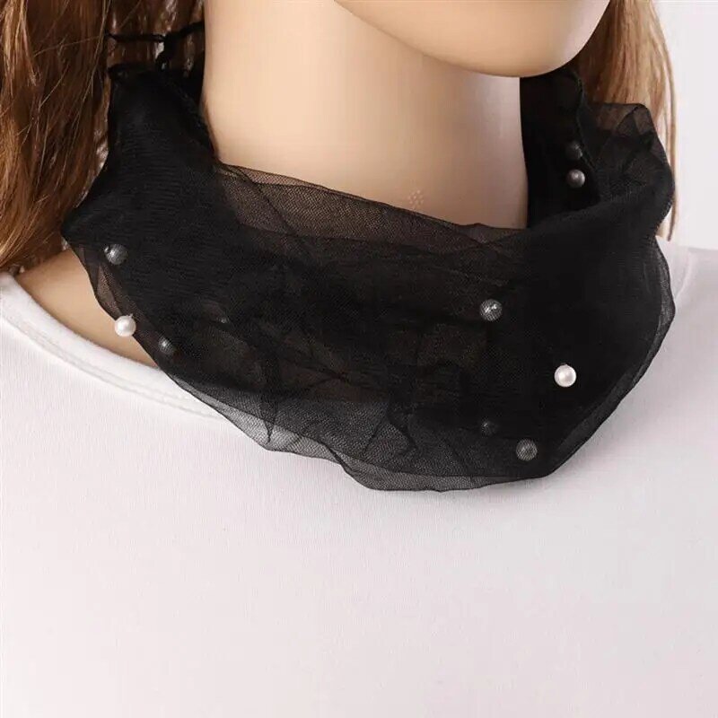 1pc Elegant Transparent Women Ladies Scarf Fake Pearl Decor Mesh Necklace Scarf Circle Scarf For Autumn Clothing Accessories