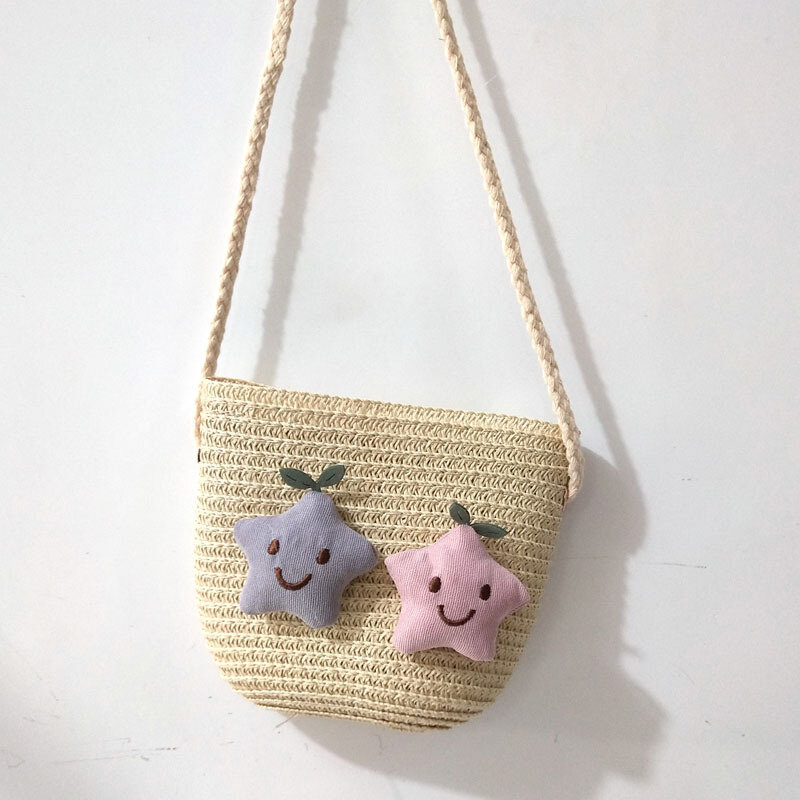 Flowers Stars Lovely Mini Coin Purse Bag Children's Crafts Gift Straw Bag Bucket Woven Bag Baby Girl's Small Crossbody Bag