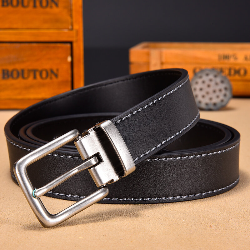 Cinturón negro de piel de vaca para hombre, 3,0 cm genuino de correa de cuero, hebilla de plata antigua, correa negra de alta calidad para Jeans