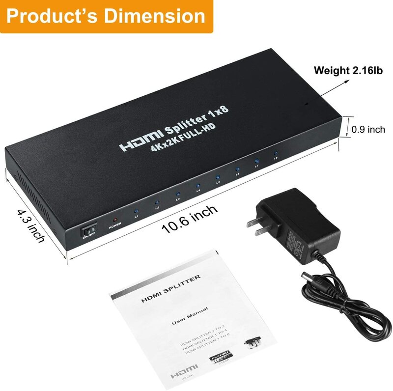 Divisor de Audio y vídeo 4K 1x8 HDMI, amplificador con cargador Full HD, 3D y 4K, 8 vías