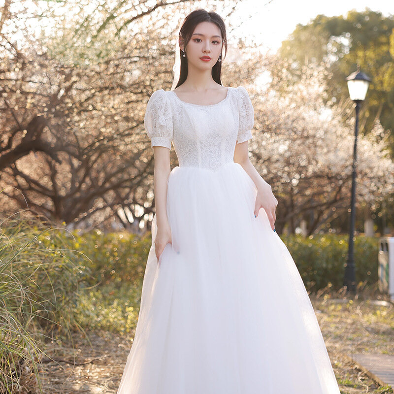 Gaun Pernikahan Wanita Putih Perancis Gaun Pesta Formal Tulle A-Line Panjang Jubah De Soiree 2021
