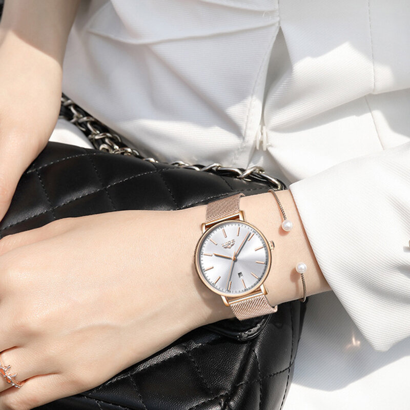 LIGE S สแตนเลส Ultra-Thin นาฬิกาข้อมือควอตซ์ ClockTop ยี่ห้อ Luxury นาฬิกากันน้ำสตรีนาฬิกาแฟชั่น LADIES