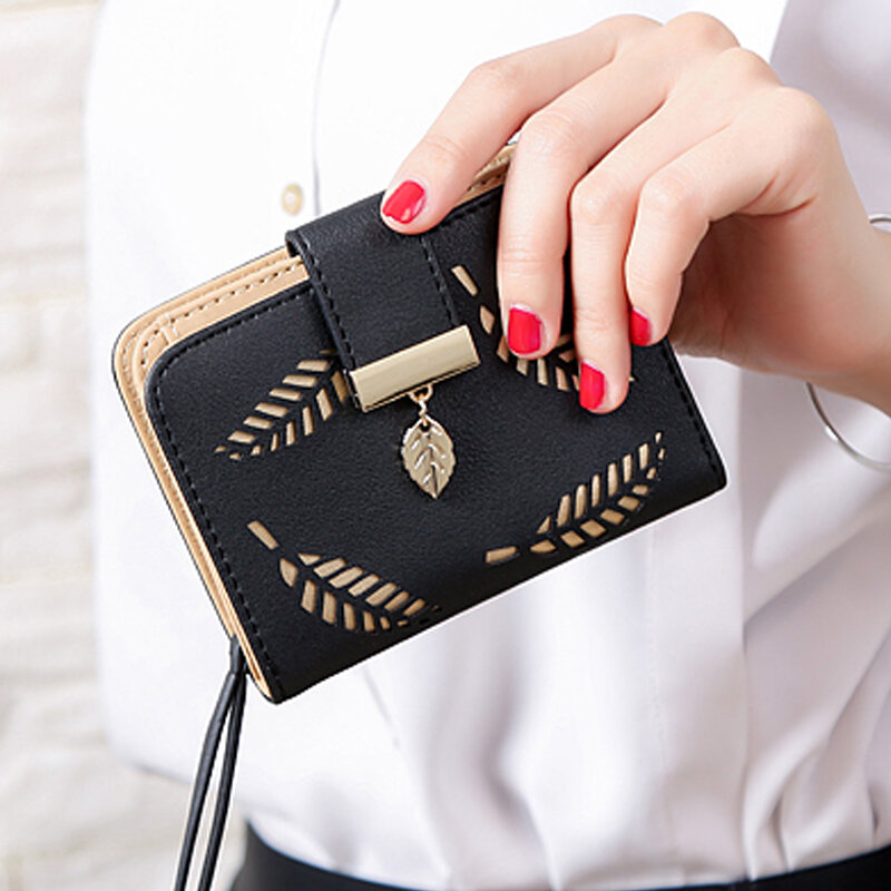Fashion Women's Wallet Female Short Wallets Hollow Leave Card Holder Coin Purse for Woman PU Leather Purses Card Holder Carteira