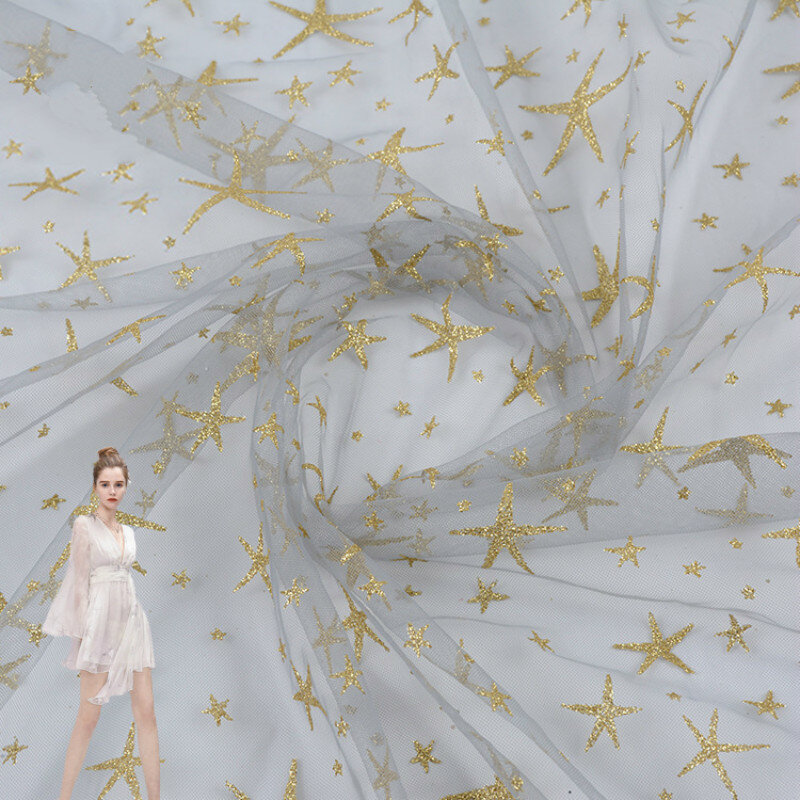 Tissu en maille impression étoile Polyester tissu tête de mariage écharpe robe Textile tissu bricolage artisanat couture scène vêtements matériel de fête