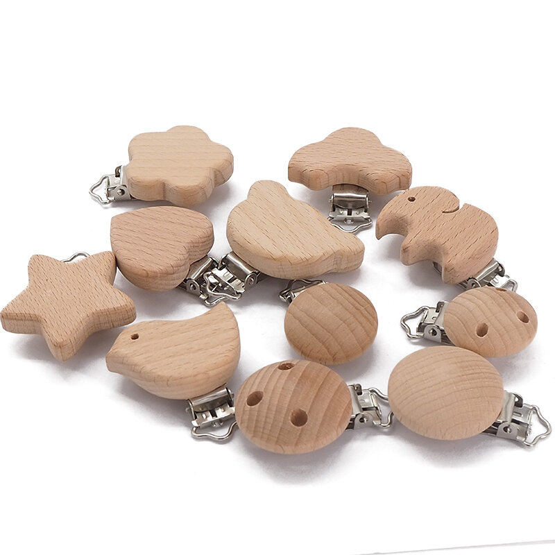Chenkai-Clips redondos de madera para bebé, oso, flor, coche, corazón, pájaro, elefante, estrella, sin BPA, cadena de chupete, regalos, 50 Uds.
