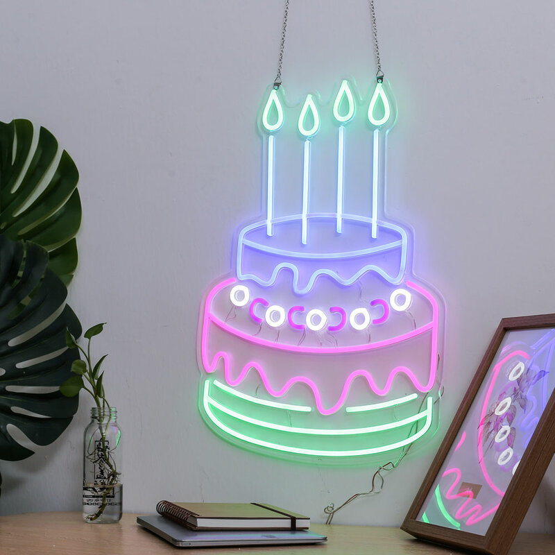 Sinal de tira de néon flexível colorido bolo de aniversário luz de néon sobremesa festa de aniversário fundos luz de néon artful bday presente arte de néon