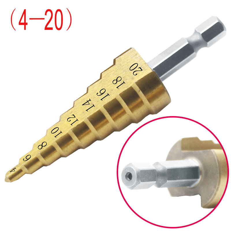 1pc Step Drill Bit Hss Titanium Coated Step Cone Metal Hole Cutter 4-12/20mm Metal Hex Tapered Drill Power Tools Accessories