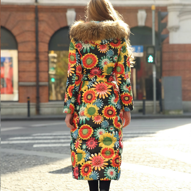 Feminino para baixo boollili jaqueta longo casaco de inverno grande gola de pele de guaxinim flor coreano para baixo casacos puffer quente jaqueta de luxo