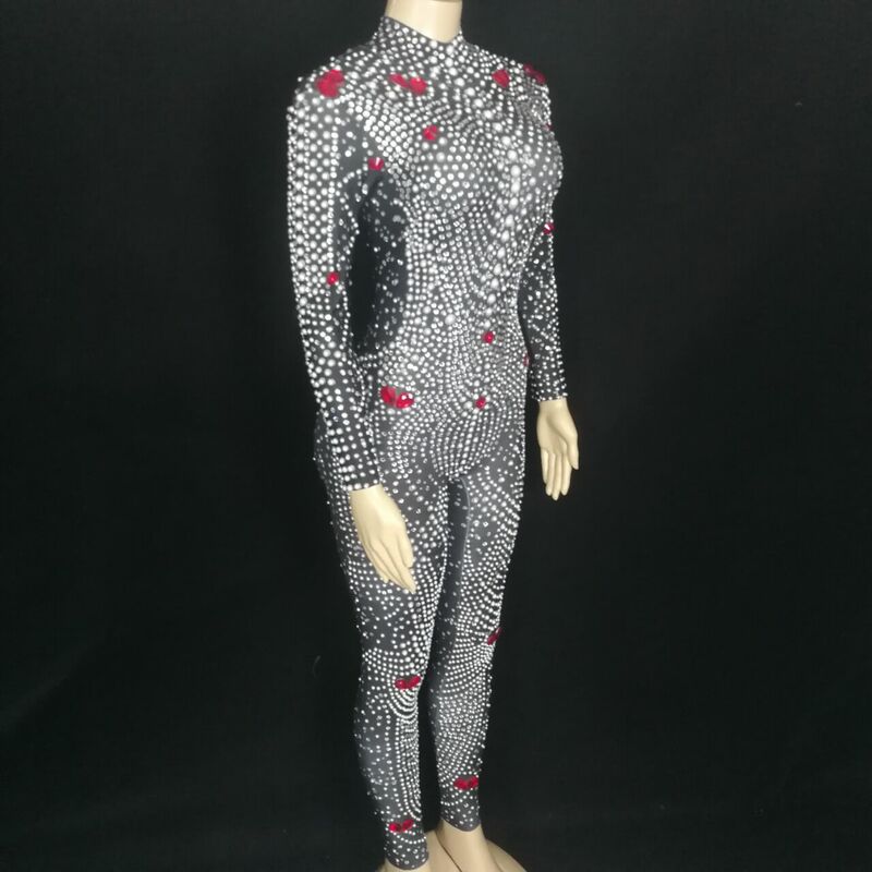 Jumpsuit Mutiara Berlian Imitasi Penuh Mewah Spandeks Lengan Panjang Skinny Leotard Pakaian Panggung Penyanyi Wanita Pesta Ulang Tahun Prom Kristal Ketat