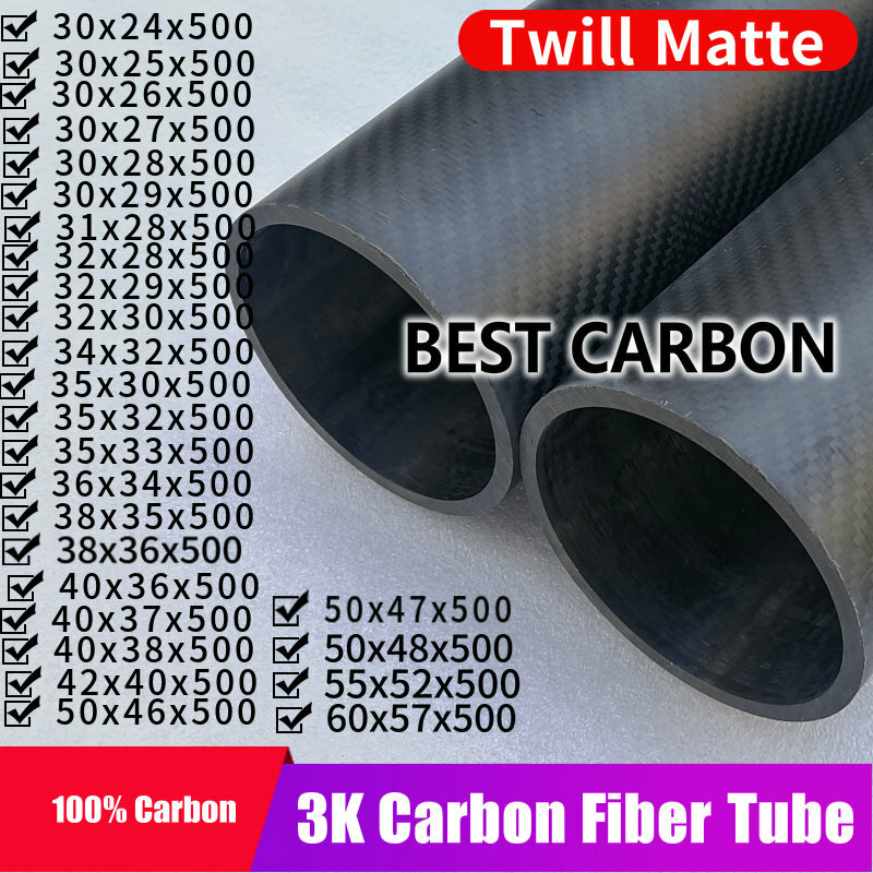 Free shiping30 31 32 34 35 36 38 40 42 44 47 50 55 60, 500mm length High Quality Twill Matte 3K Carbon Fiber Fabric Wound Tube
