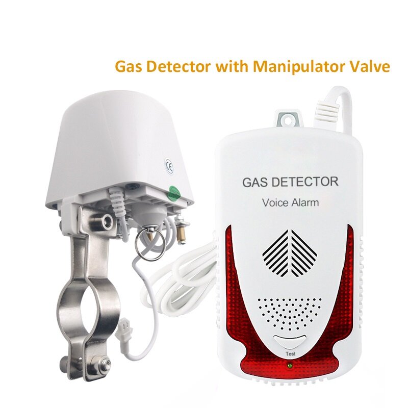 Gás leakeage sensor detector de gás lpg natural sistema de alarme voz alarme com dn15 válvula manipulador para segurança em casa inteligente
