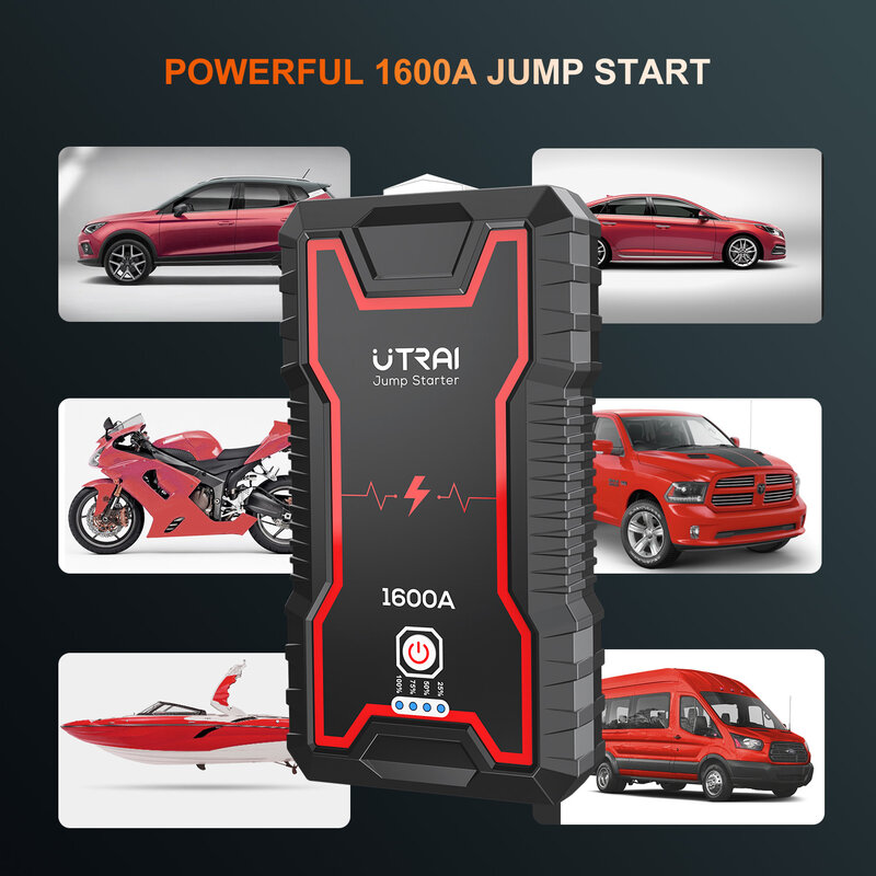 UTRAI Powerbank แบบพกพารถ Jump Starter 12V 1600A 16000MAh ค้อนทุบกระจกเครื่องมือฉุกเฉิน Booster Power Pack