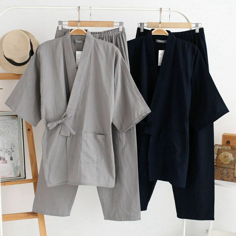 Estilo japonês kimono cardigan calças 2 pçs conjunto de roupa de noite masculina roupão de algodão confortável casa terno robe sleepwear diário casual