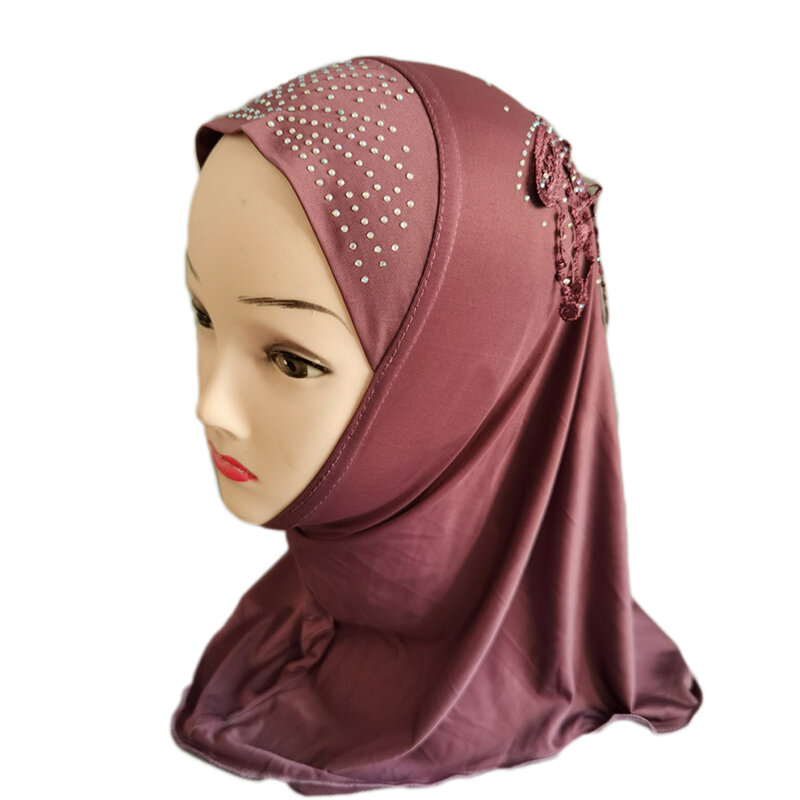 Syal instan Hijab anak perempuan Muslim 2-6Y syal Hijab rumbai Rhienstone syal kepala bungkus satu potong Amira Islami Pull On siap dibuat