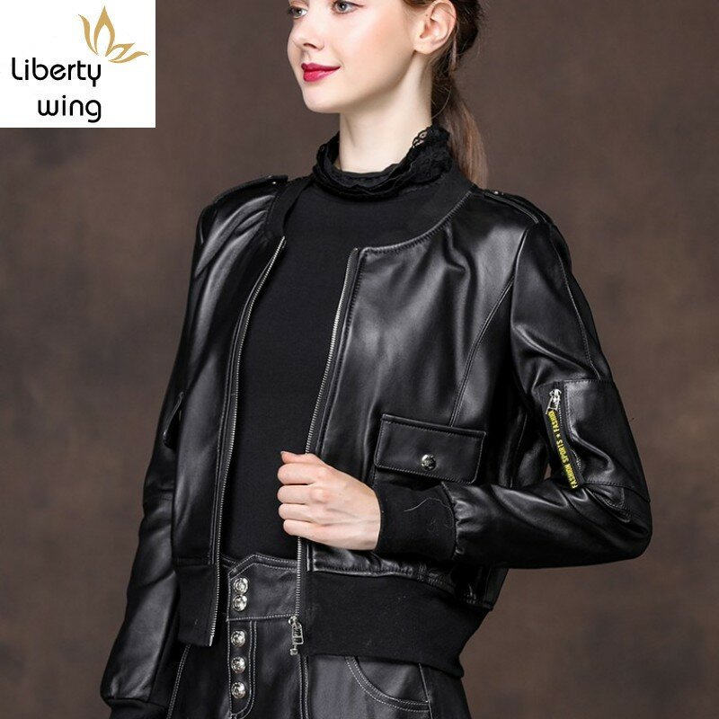 2020 nowych kobiet kożuch prawdziwy Bomber krótki styl Moto Biker kobieta płaszcz skórzany ubranie wierzchnie w rozmiarze Slim Fit jesienna kurtka
