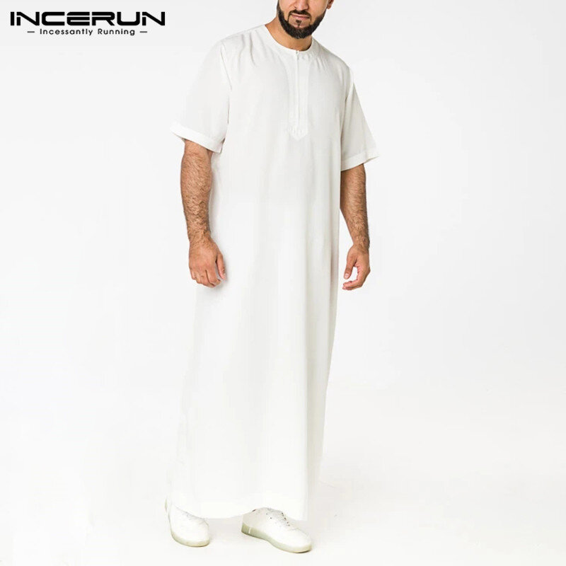 Incerun Mens Effen Kleur Robes Saudi Stijl Rits Jubba Thobe Man Vintage Korte Mouw O Hals Moslim Arabische Islamitische Kleding 5XL