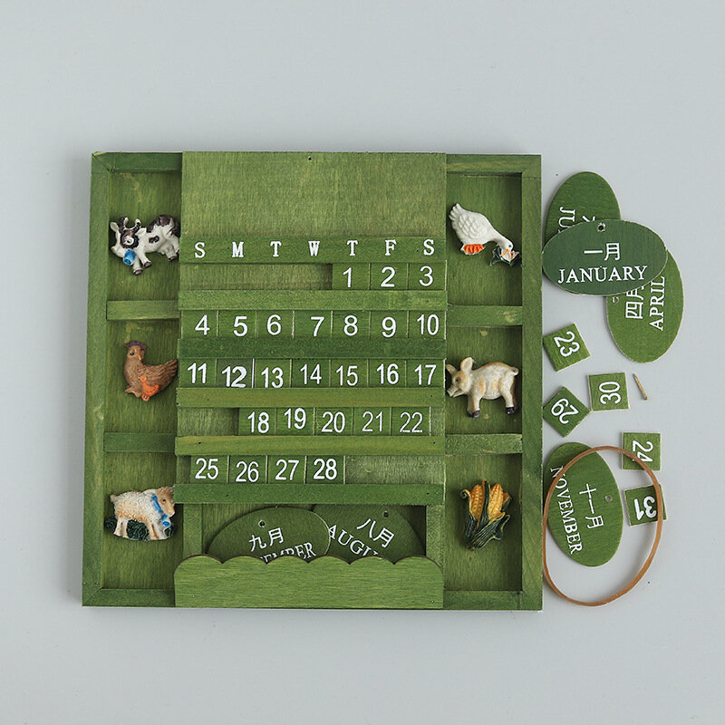 Calendário de madeira para pendurar, calendário permanente para semana da memória da memória com decoração de animais