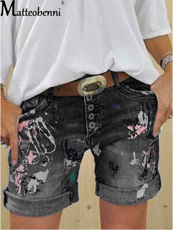2021 Female Casual Bottoms Harajuku Vintage Streetwear Summer New Buttons Women Denim Shorts Washed Flower Print Jeans