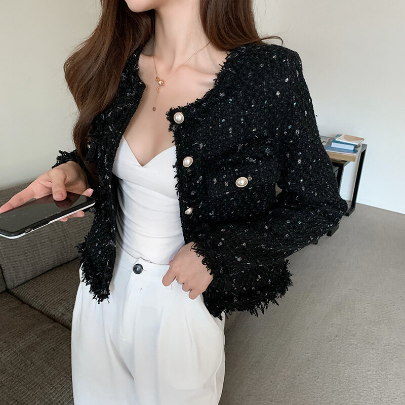 Chaqueta de Tweed de alta calidad para mujer, abrigo corto elegante coreano con una sola hilera de perlas y fragancia, novedad de otoño, 2022