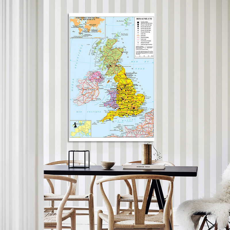 150*225cm Transportation Map of The United Kingdom In French Non-woven Canvas Painting Poster Home Decoration School Supplies