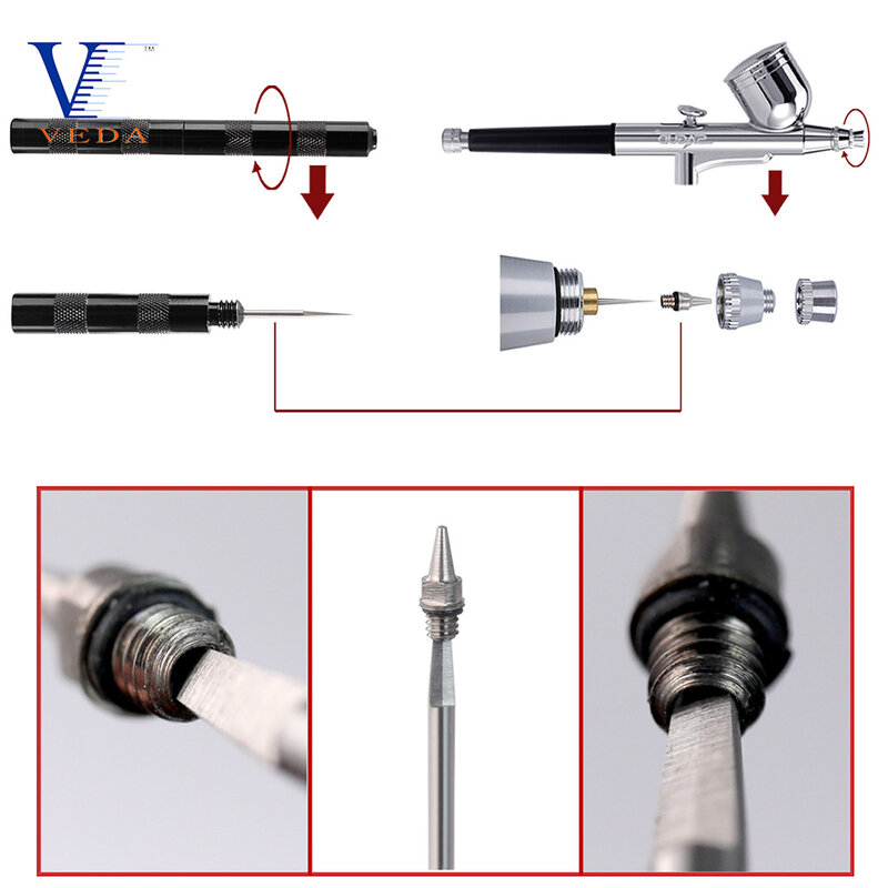 VEDA 0.2/0.3/0.5mm Airbrush Nozzle Needle & Nozzle Cap & Multifunction Reamer & Nozzle Wrench Replacement Part for WD-130 Series