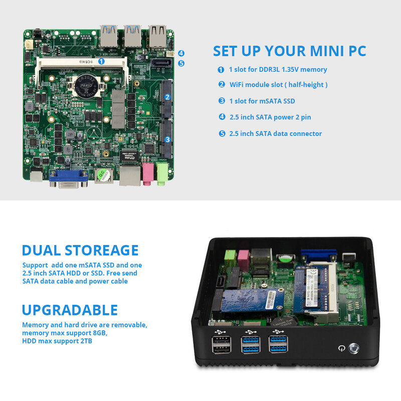 XCY-Mini PC Fanless com Intel Core i5, 4200U, i3 5005U, Gigabit Ethernet, Win 10, Linux, Thin Client, Desktop, Micro, Nuc PC