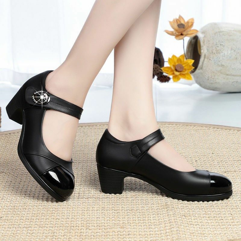 Cresfimix-zapatos de tacón cuadrado de piel sintética para mujer, calzado clásico, ligero, punta redonda, color negro, para oficina, Azuis, C6446c