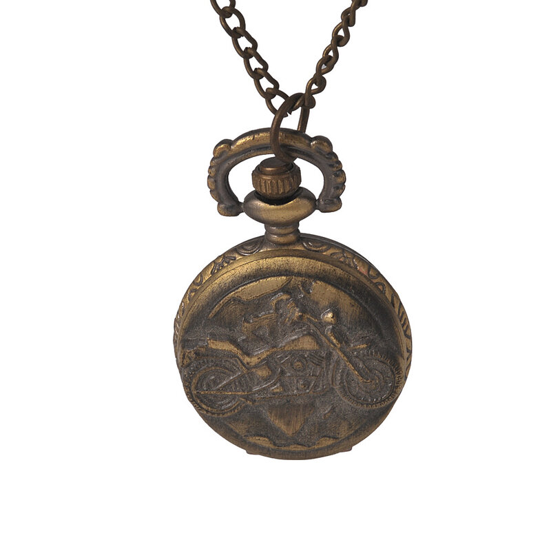 Montre de poche classique rétro à quartz avec collier, design en relief bronze, pour moto, 8917
