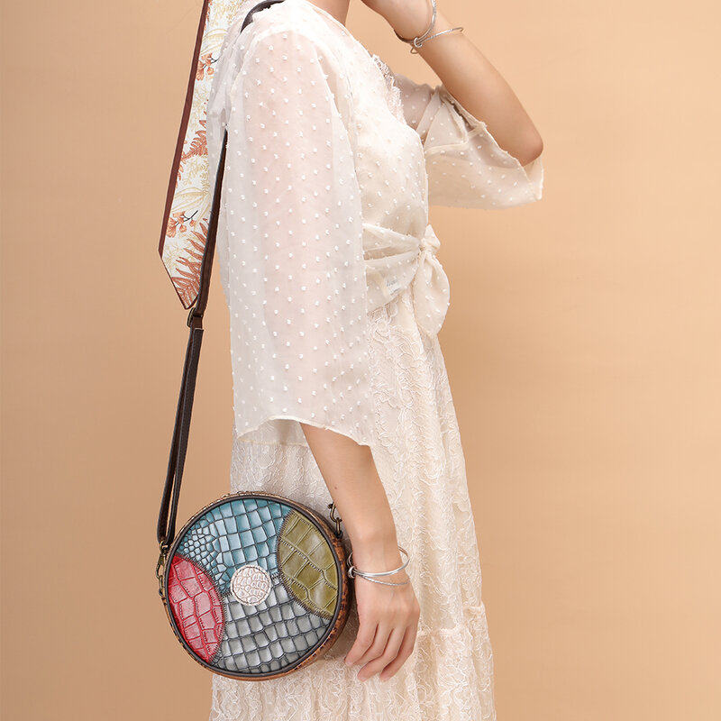 WESTAL Mini للمرأة حقائب جلدية مزيج اللون حقيبة مستديرة التصميم حقيبة كتف نسائية جلد طبيعي صغير حقائب كروسبودي محفظة