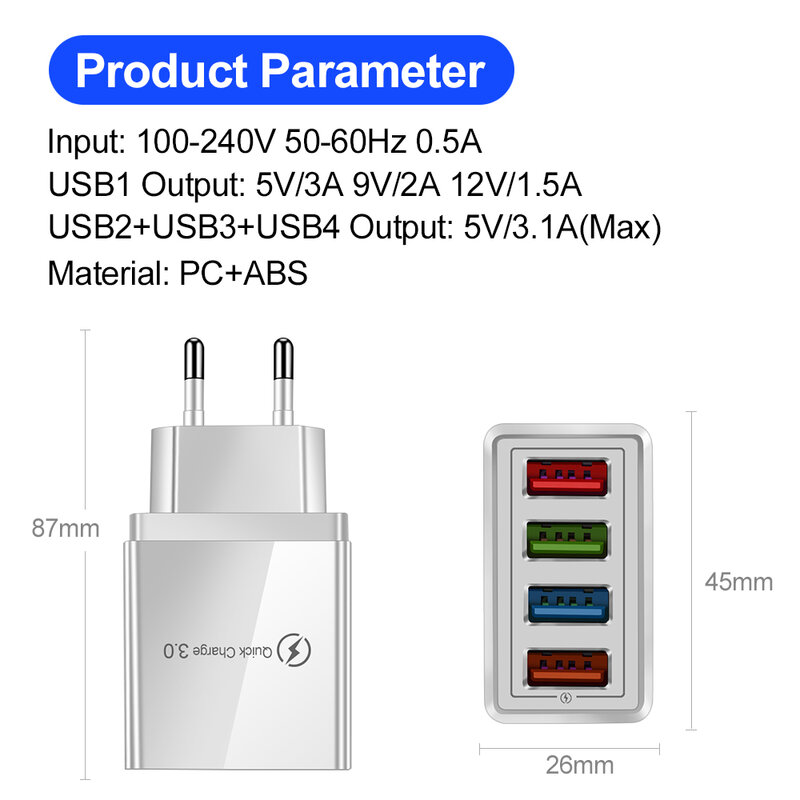 Carregador Rápido USB para Celular, Carregamento Rápido 3.0, Adaptador para Tablets, Samsung, Xiaomi, iPhone 14, UE, US Plug