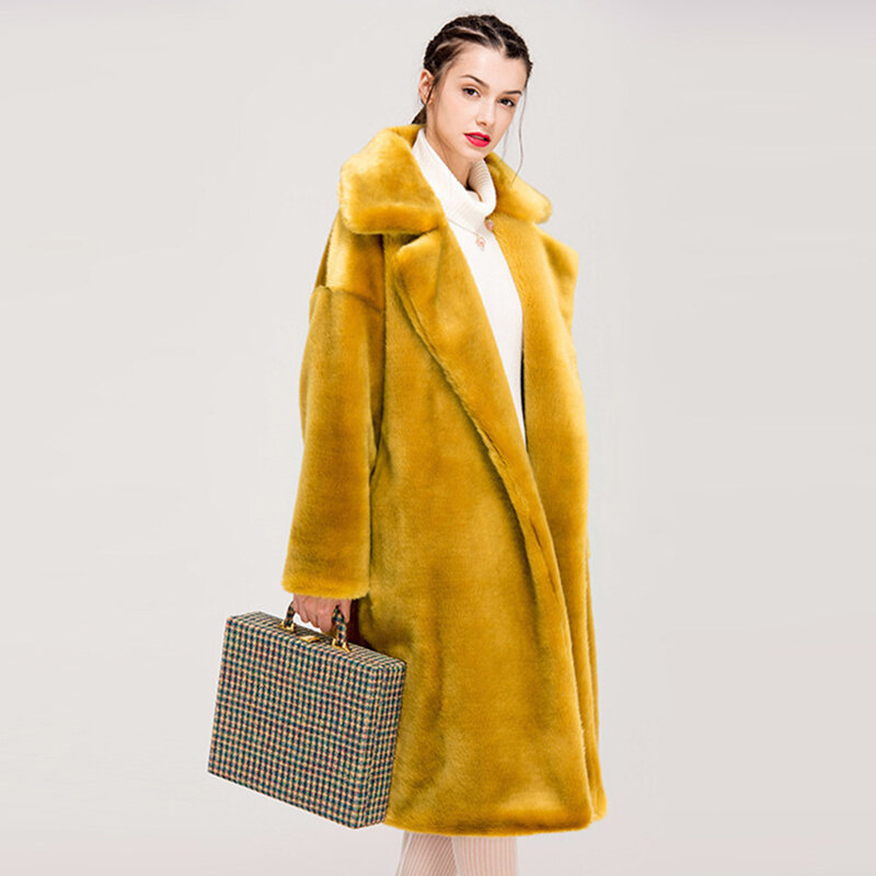 Casaco de inverno feminino, casaco longo de pele de coelho falsa, casaco de pelúcia e jaqueta feminina grossa de pele quente, 2019