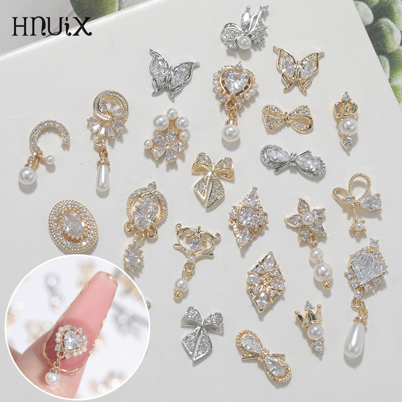 HNUIX 1 sztuka motyl cyrkon ozdoba do paznokci łuk biżuteria kryształ perła wisiorek Manicure wysokiej jakości akcesoria kryształ górski