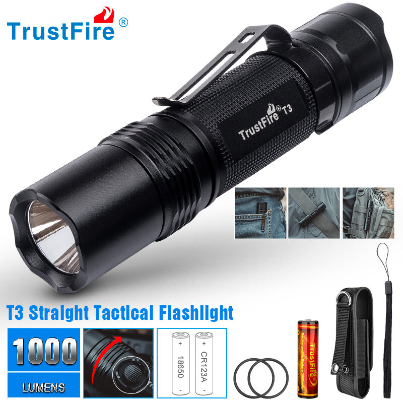Trustfire – lampe de poche T3, 18650, 1000 Lumens, étanche IPX8, pour armes d'auto-défense, torche Led de poche, CR123
