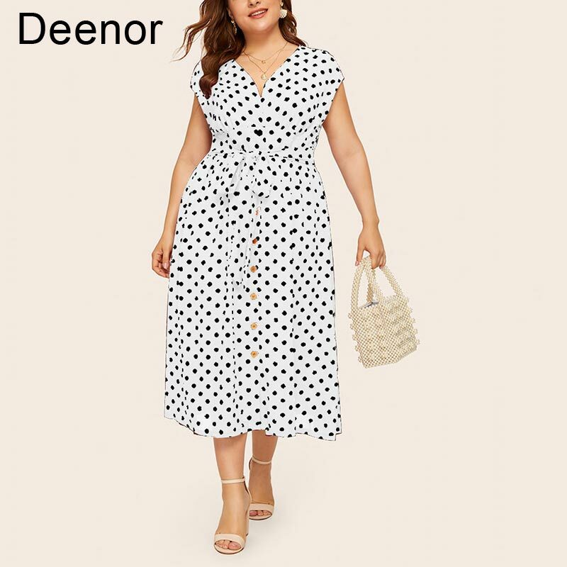 Deenor Plus ขนาด Polka Dot ชุดปุ่มลูกไม้ขึ้น V คอชุดแฟชั่นแฟชั่น Office Lady ชุดเดรสผู้หญิง