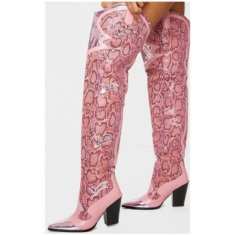 Bottes hautes à talons hauts pour femme, chaussures à bout pointu, imprimées serpent, en microfibre, sexy, rose, collection automne hiver 2021