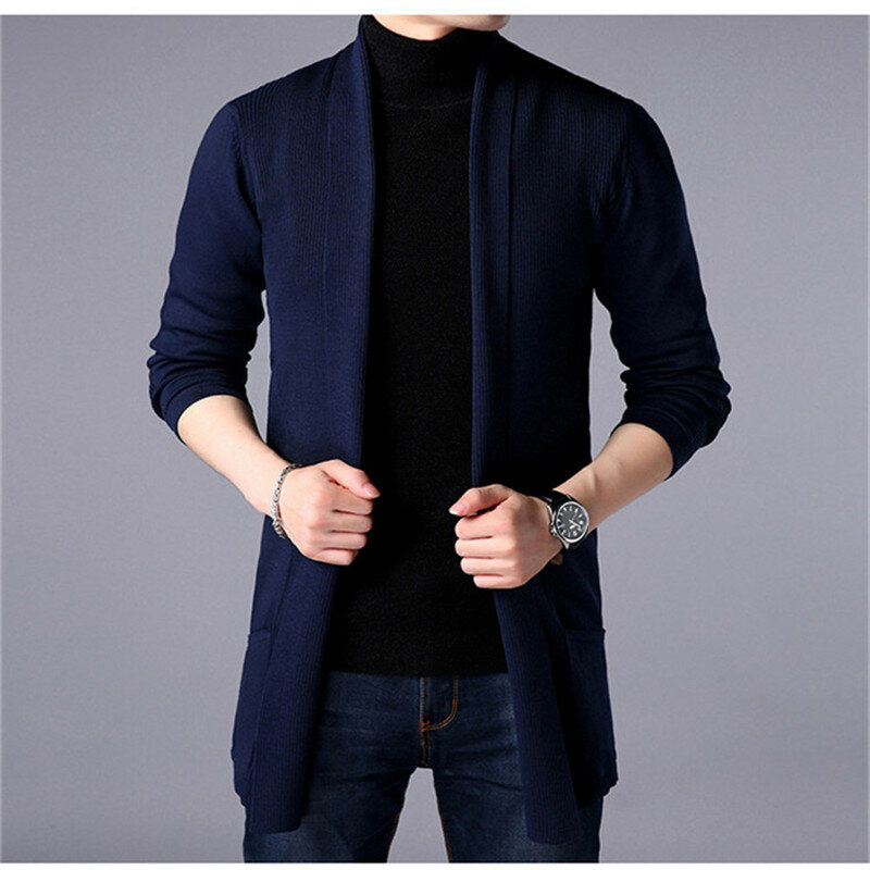 남성용 슬림핏 롱 단색 니트 재킷, 캐주얼 스웨터 카디건 코트, 2022 패션, 가을 신상품