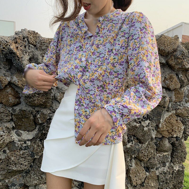 여성용 꽃무늬 프린트 셔츠, O넥 싱글 브레스티드, 루즈한 긴팔 쉬폰 블라우스, 가을