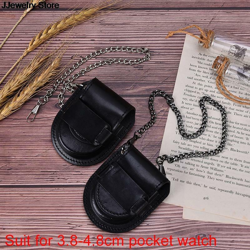 Silver/Black Vintage Classic Pu Leather Pocketed Watch Box Holder Storage Case Coin Pouch Storage With Chain