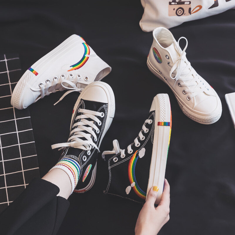 Moda damska 2020 buty wulkanizowane damskie sneakersy nowe Rainbow Retro brezentowe buty płaskie modne wygodne wysokie buty damskie