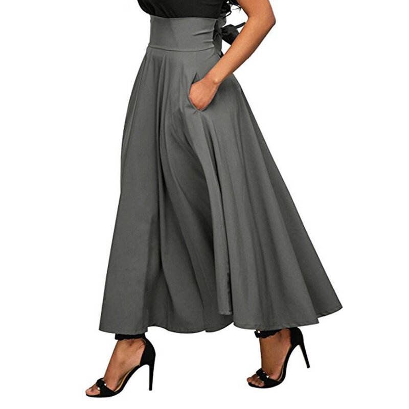 Tinggi Pinggang Lipit Rok Panjang Wanita Vintage Flared Rok Penuh Ayunan Satin Dress