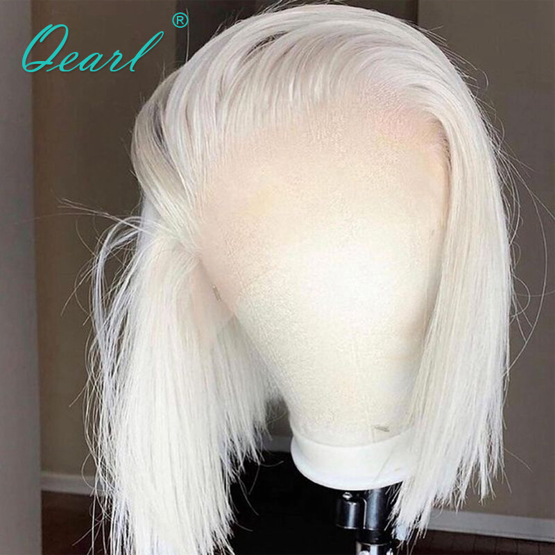 Короткий парик из прямых человеческих волос, белый, светлый парик на сетке спереди, для женщин, пепельный цвет, натуральные волосы, 150%, парик на сетке спереди 13x1 Qearl