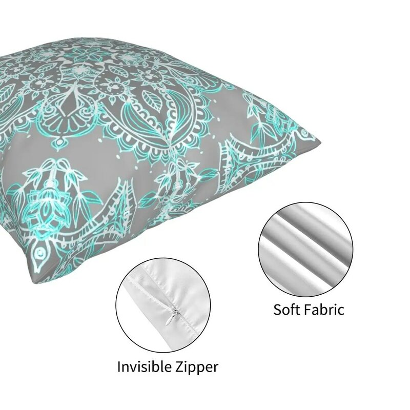 Cerceta e aqua laço mandala em cinza quadrado fronha criativo zíper decoração travesseiro capa de almofada casa 45*45cm