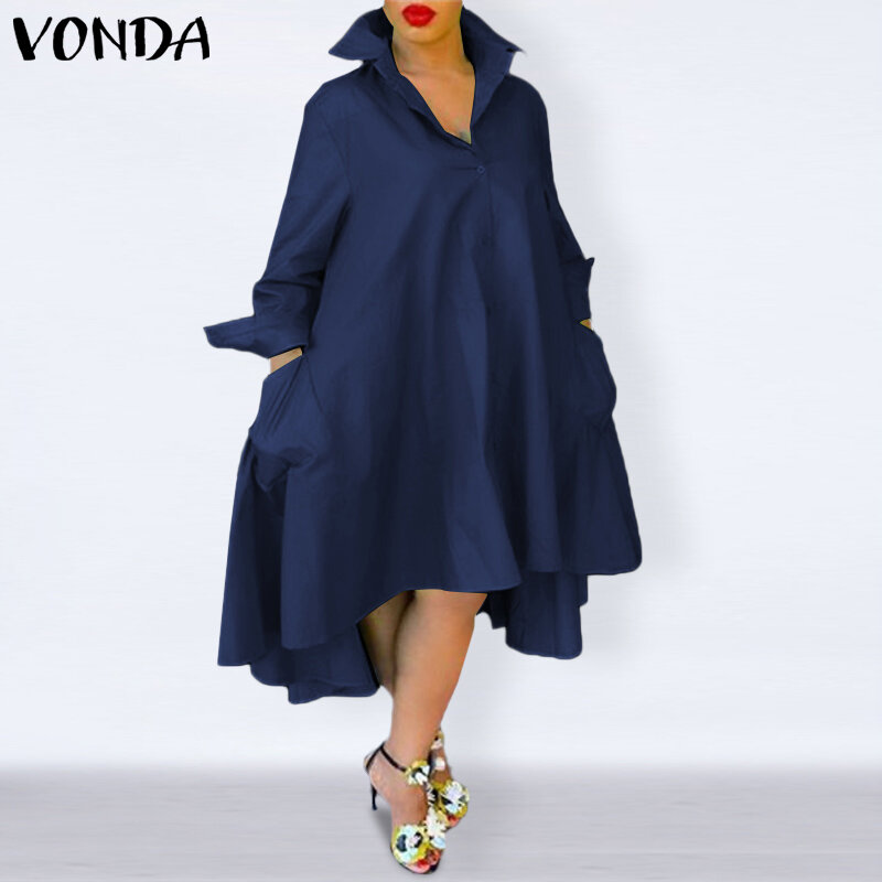 VONDA-Vestido camisero de talla grande para mujer, traje informal de manga larga con cuello vuelto, estilo bohemio, para fiesta, 2023