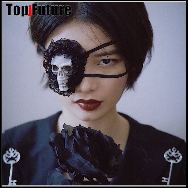 Disfraz de LOLITA para Cosplay, máscara de un solo ojo con bordado de corazón, Cráneo, Cruz, gótico oscuro, Anime