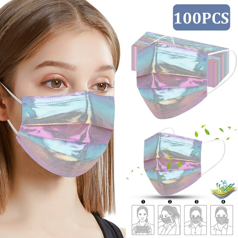 100Pc Payet Masker Sekali Pakai Dewasa Bronzing Flash Reflektif Penutup Wajah Empat Lapisan Pola Bling Pelindung Masker Seksi untuk Pesta