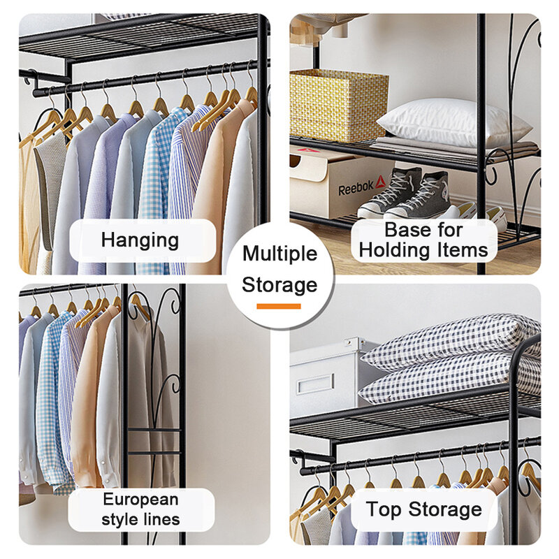 Heavy Duty Clothes Rail Clothes Rack Black Metal Garment Rack Stand for Bedroom with Storage Shelves 2 Shelf Shoe Rack